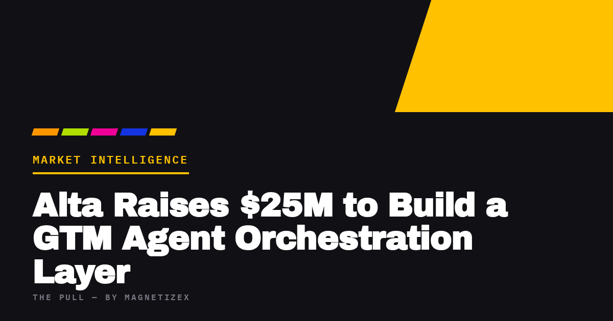 Black title card reading "Alta Raises $25M to Build a GTM Agent Orchestration Layer", tagged Market Intelligence, from The Pull by MagnetizeX