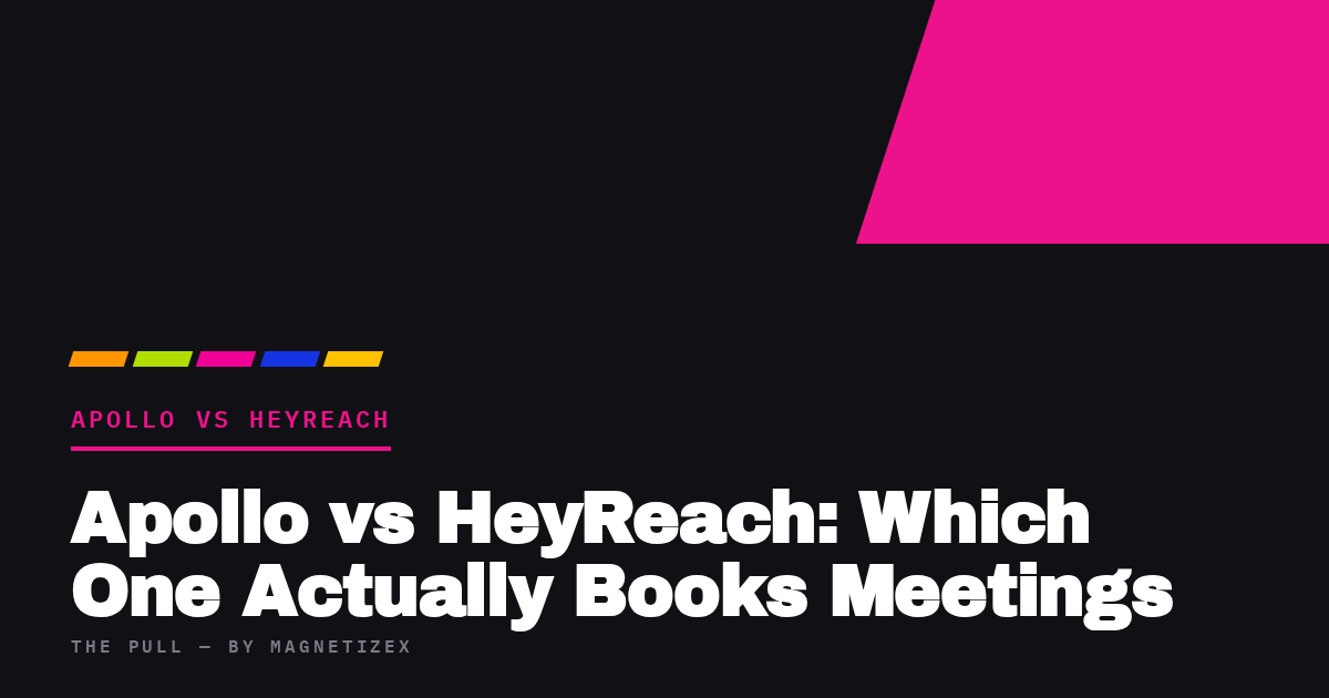 Black title card reading "Apollo vs HeyReach: Which One Actually Books Meetings", tagged Apollo vs HeyReach, from The Pull by MagnetizeX