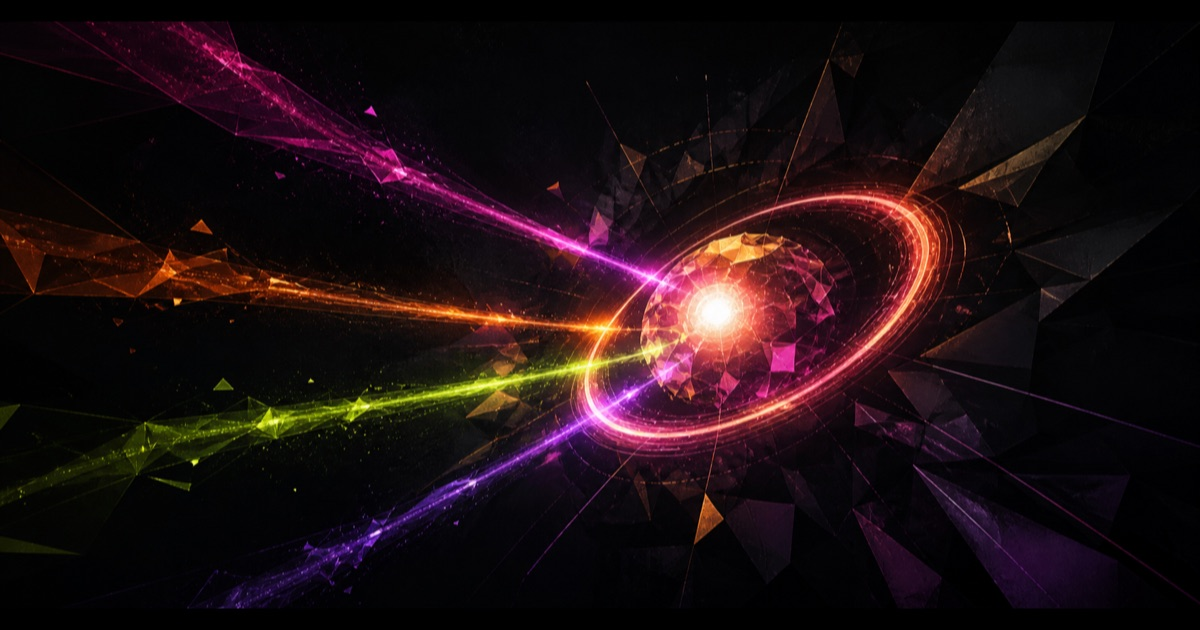 Magenta, orange, lime, and violet paths orbit a luminous core within a dark faceted composition.