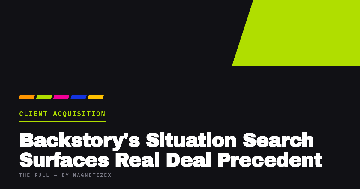 Black title card reading "Backstory's Situation Search Surfaces Real Deal Precedent", tagged Client Acquisition, from The Pull by MagnetizeX