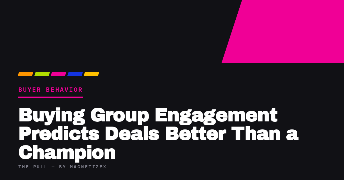 Black title card reading "Buying Group Engagement Predicts Deals Better Than a Champion", tagged Buyer Behavior, from The Pull by MagnetizeX