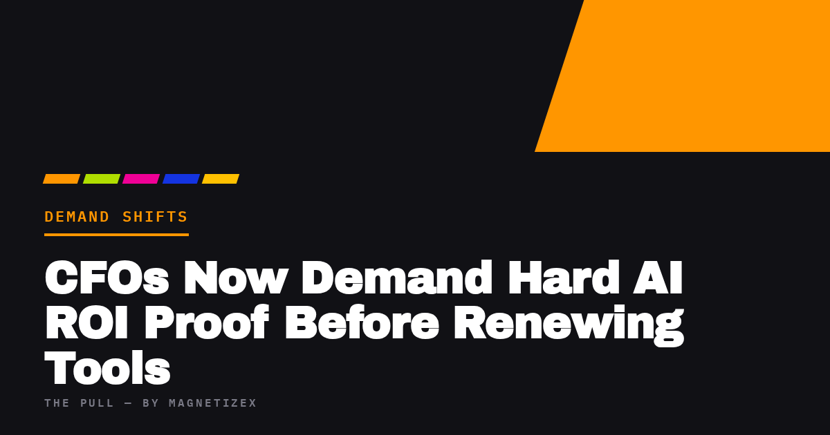 Black title card reading "CFOs Now Demand Hard AI ROI Proof Before Renewing Tools", tagged Demand Shifts, from The Pull by MagnetizeX