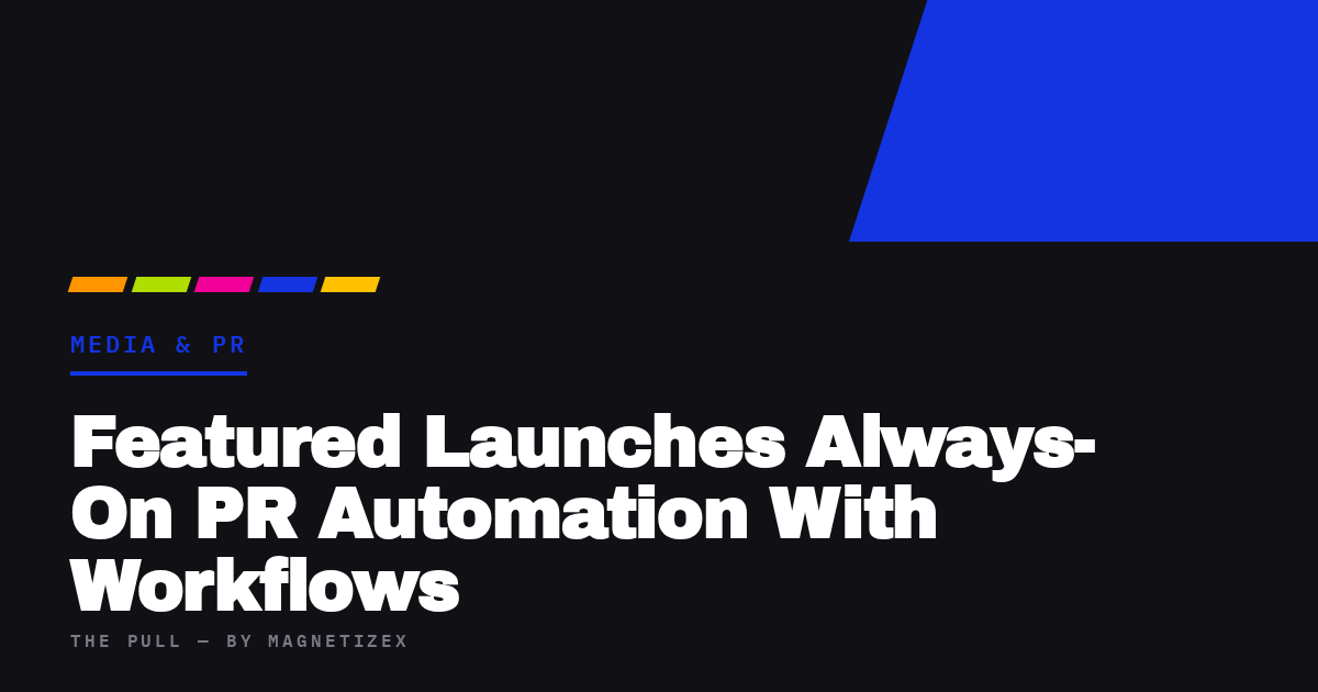 Black title card reading "Featured Launches Always-On PR Automation With Workflows", tagged Media & PR, from The Pull by MagnetizeX