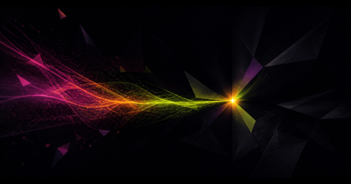 Luminous magenta, orange, and lime signal lines converge on one bright point across a dark faceted field.