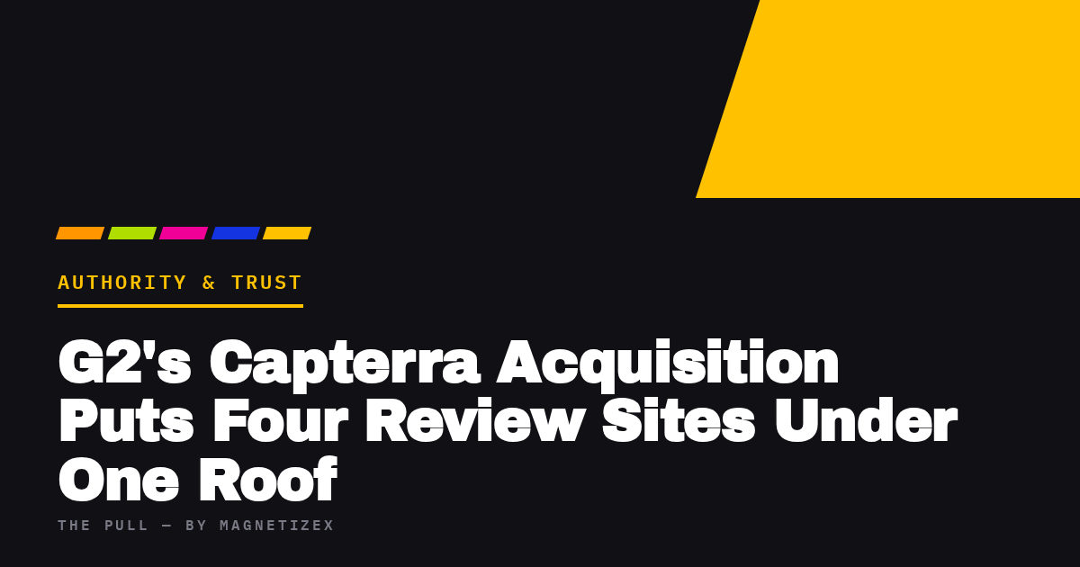 Black title card reading "G2's Capterra Acquisition Puts Four Review Sites Under One Roof", tagged Authority & Trust, from The Pull by MagnetizeX