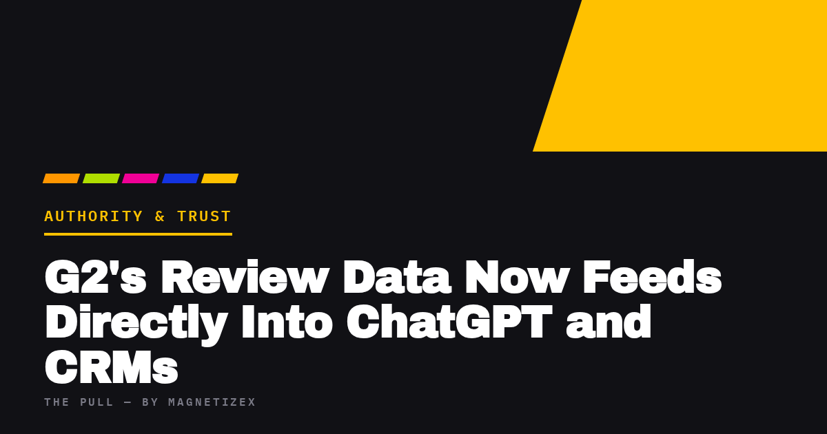 Black title card reading "G2's Review Data Now Feeds Directly Into ChatGPT and CRMs", tagged Authority & Trust, from The Pull by MagnetizeX