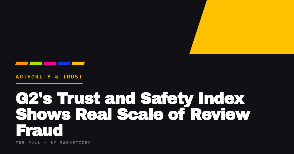 Black title card reading "G2's Trust and Safety Index Shows Real Scale of Review Fraud", tagged Authority & Trust, from The Pull by MagnetizeX
