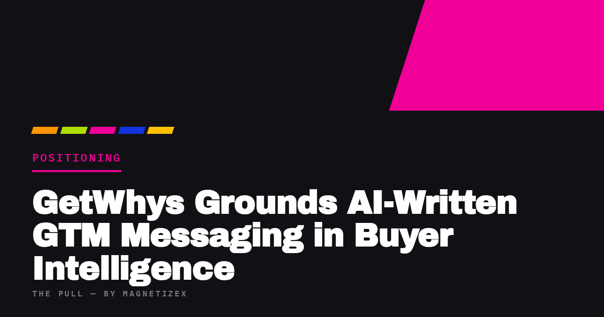 Black title card reading "GetWhys Grounds AI-Written GTM Messaging in Buyer Intelligence", tagged Positioning, from The Pull by MagnetizeX