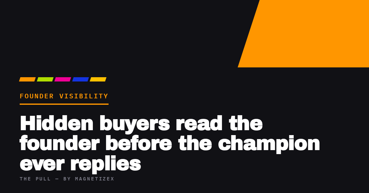Black title card reading "Hidden buyers read the founder before the champion ever replies", tagged Founder Visibility, from The Pull by MagnetizeX
