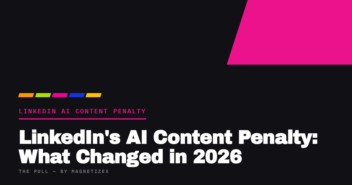 Black title card reading "LinkedIn's AI Content Penalty: What Changed in 2026", tagged LinkedIn AI Content Penalty, from The Pull by MagnetizeX