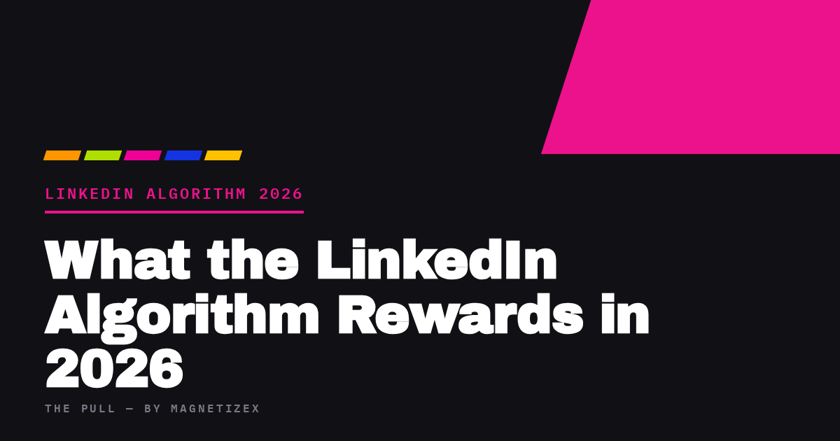 Black title card reading "What the LinkedIn Algorithm Rewards in 2026", tagged LinkedIn Algorithm 2026, from The Pull by MagnetizeX