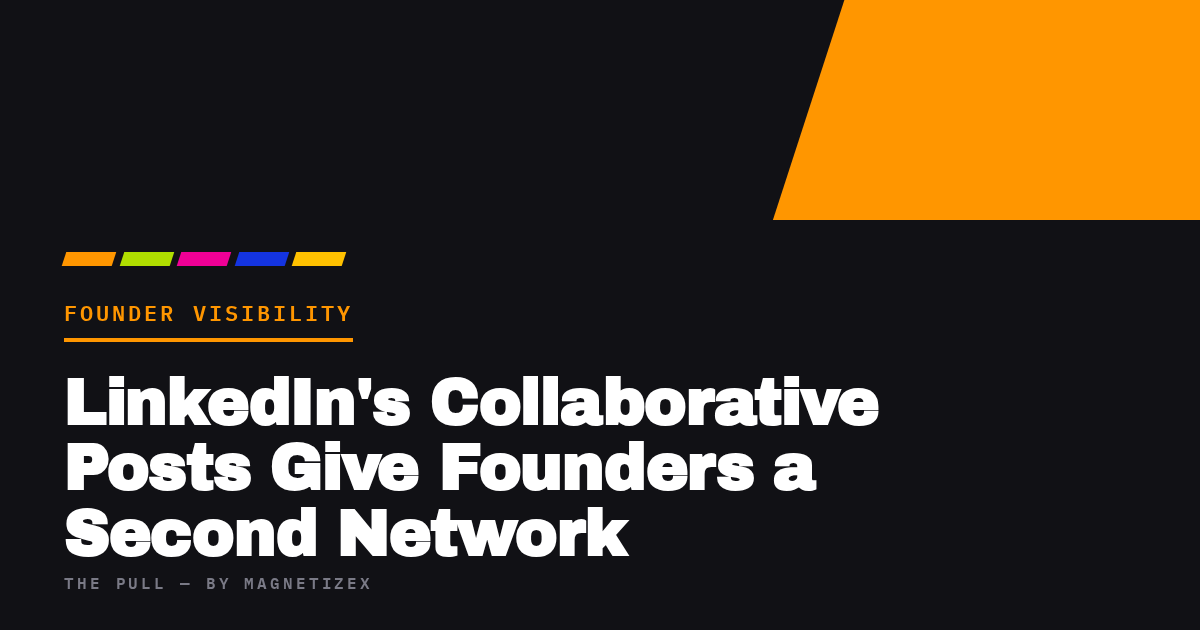 Black title card reading "LinkedIn's Collaborative Posts Give Founders a Second Network", tagged Founder Visibility, from The Pull by MagnetizeX