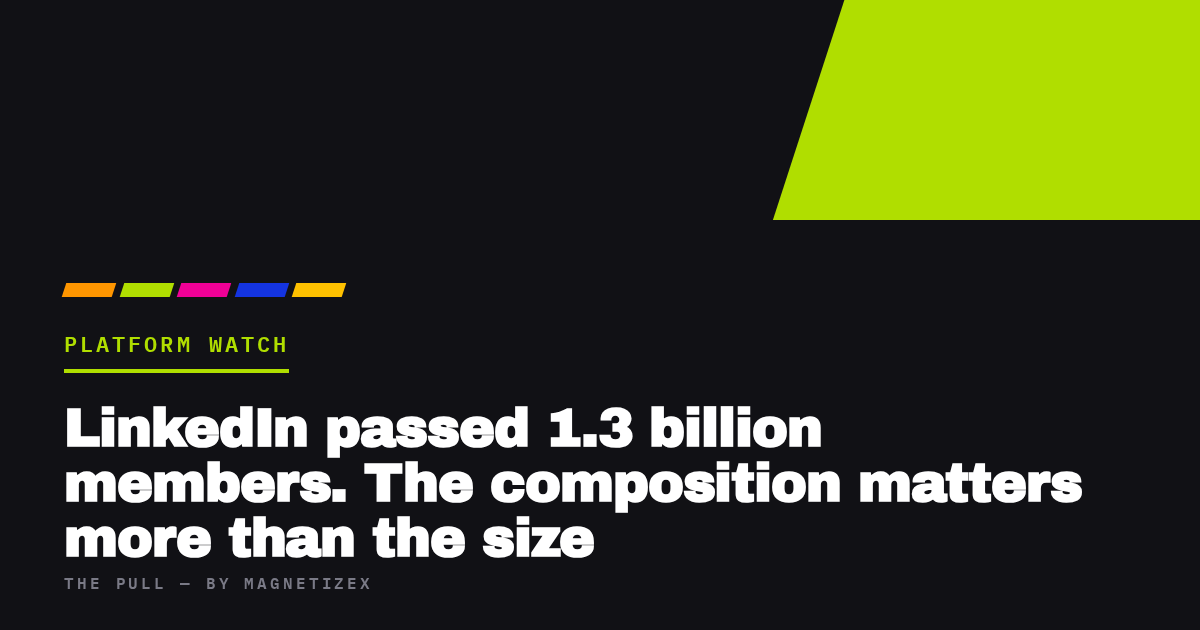 Black title card reading "LinkedIn passed 1.3 billion members. The composition matters more than the size", tagged Platform Watch, from The Pull by MagnetizeX