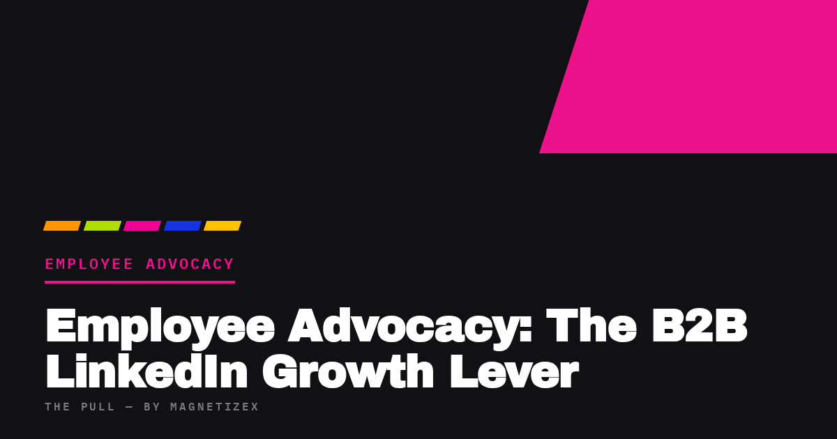 Black title card reading "Employee Advocacy: The B2B LinkedIn Growth Lever", tagged Employee Advocacy, from The Pull by MagnetizeX