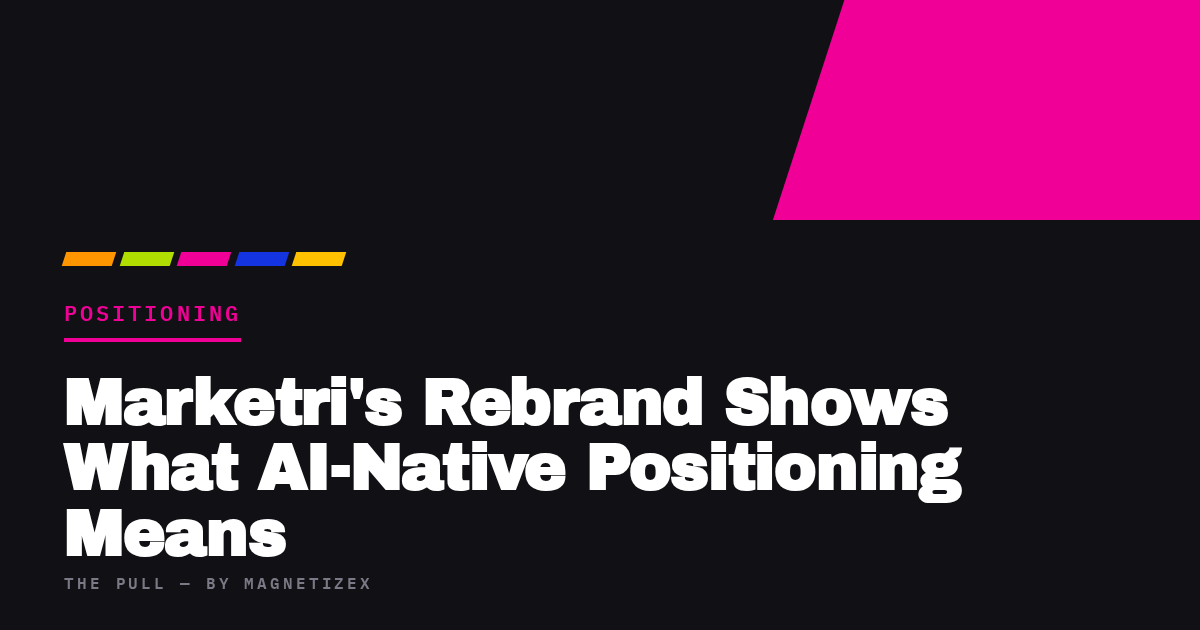 Black title card reading "Marketri's Rebrand Shows What AI-Native Positioning Means", tagged Positioning, from The Pull by MagnetizeX