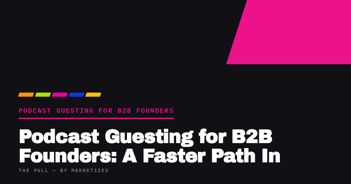 Black title card reading "Podcast Guesting for B2B Founders: A Faster Path In", tagged Podcast Guesting for B2B Founders, from The Pull by MagnetizeX