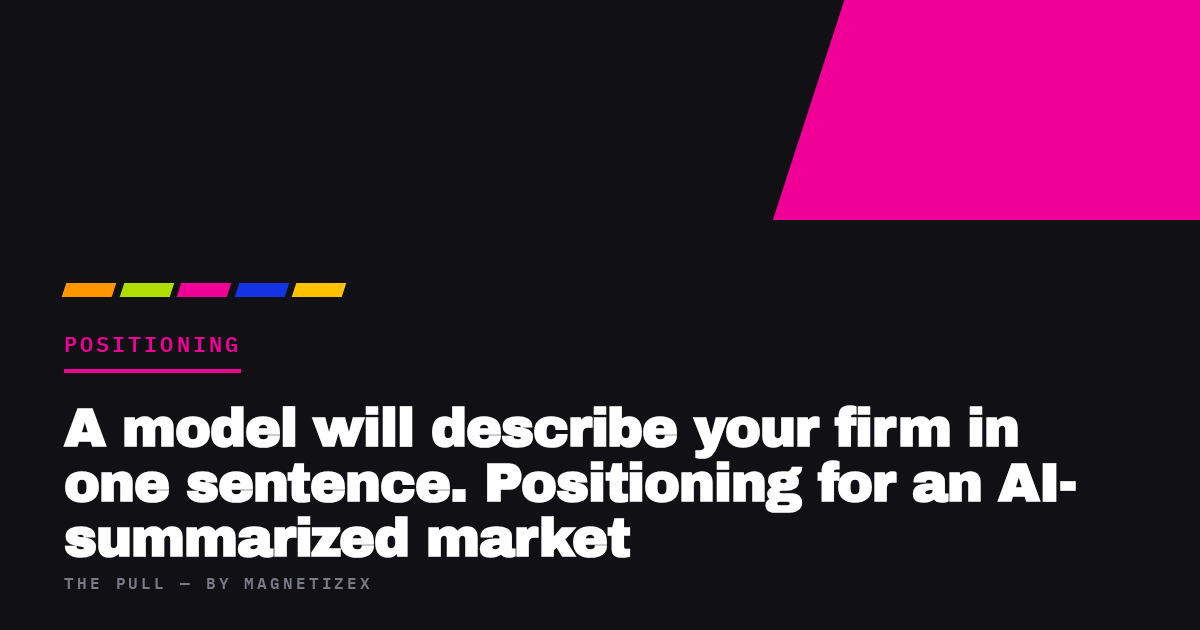 Black title card reading "A model will describe your firm in one sentence. Positioning for an AI-summarized market", tagged Positioning, from The Pull by MagnetizeX