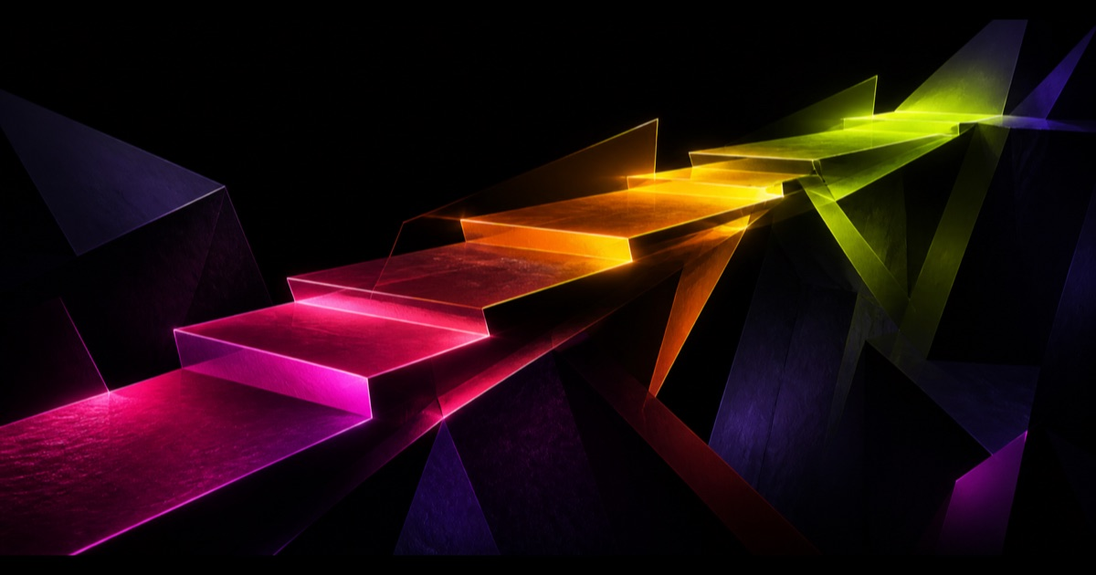 Neon geometric steps rise across a black void, moving from magenta through orange to acid lime.
