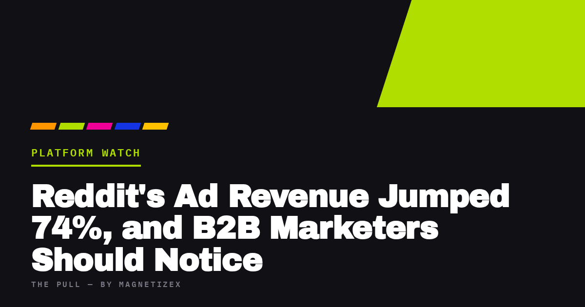 Black title card reading "Reddit's Ad Revenue Jumped 74%, and B2B Marketers Should Notice", tagged Platform Watch, from The Pull by MagnetizeX