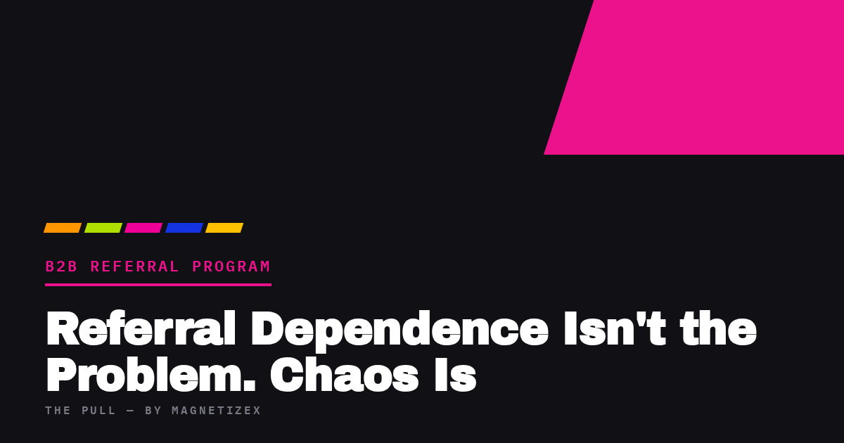 Black title card reading "Referral Dependence Isn't the Problem. Chaos Is", tagged B2B Referral Program, from The Pull by MagnetizeX