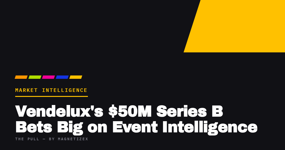 Black title card reading "Vendelux's $50M Series B Bets Big on Event Intelligence", tagged Market Intelligence, from The Pull by MagnetizeX