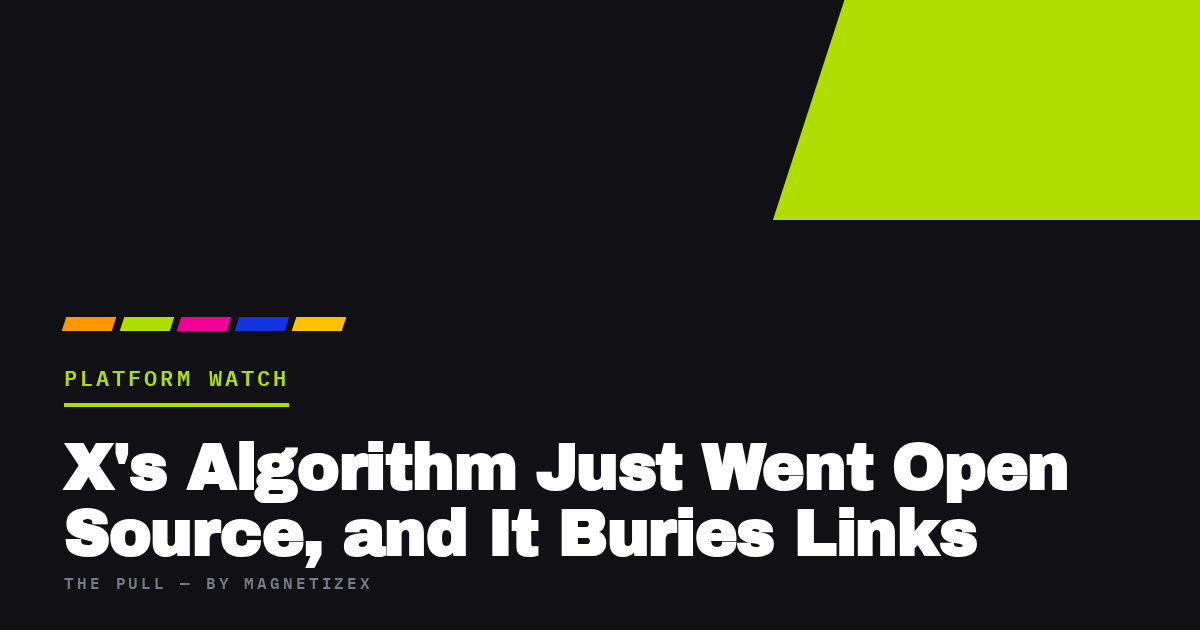Black title card reading "X's Algorithm Just Went Open Source, and It Buries Links", tagged Platform Watch, from The Pull by MagnetizeX