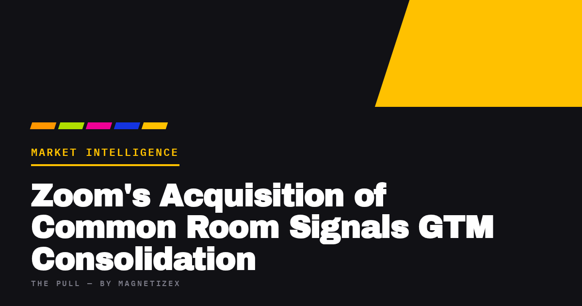 Black title card reading "Zoom's Acquisition of Common Room Signals GTM Consolidation", tagged Market Intelligence, from The Pull by MagnetizeX